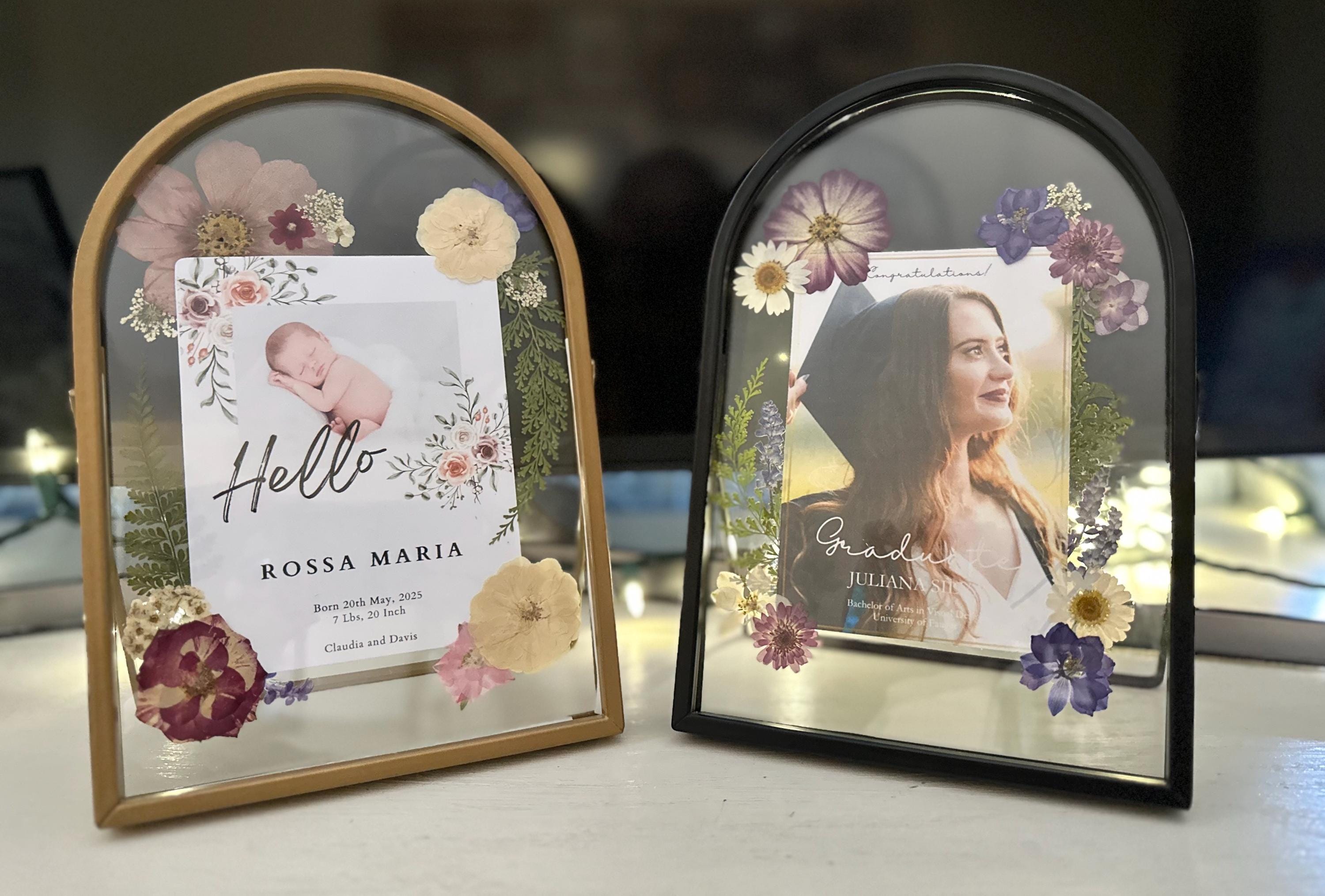 Personalized Memorial Gift Pressed Flower Frame Memory Display Art Wall Decor Flower Design Custom Keepsake Announcement Photo