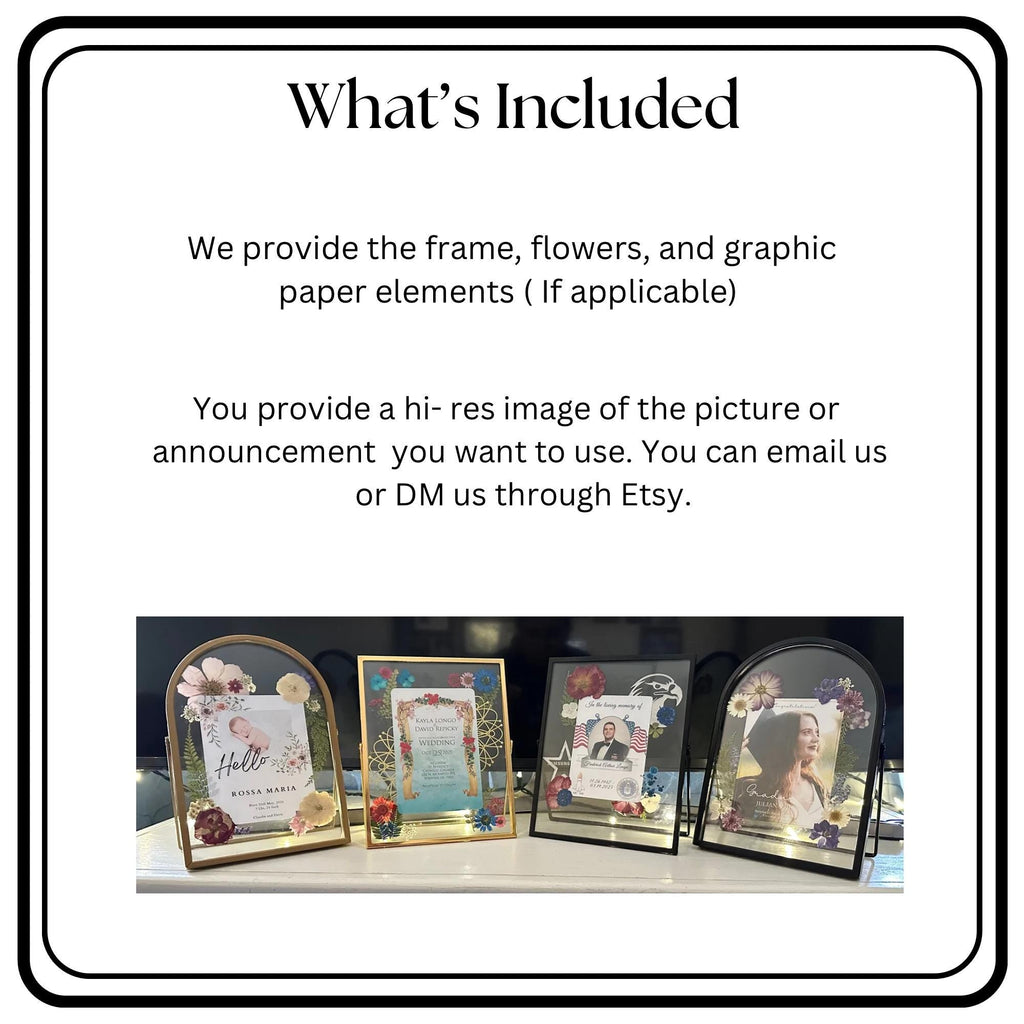 Personalized Memorial Gift Pressed Flower Frame Memory Display Art Wall Decor Flower Design Custom Keepsake Announcement Photo