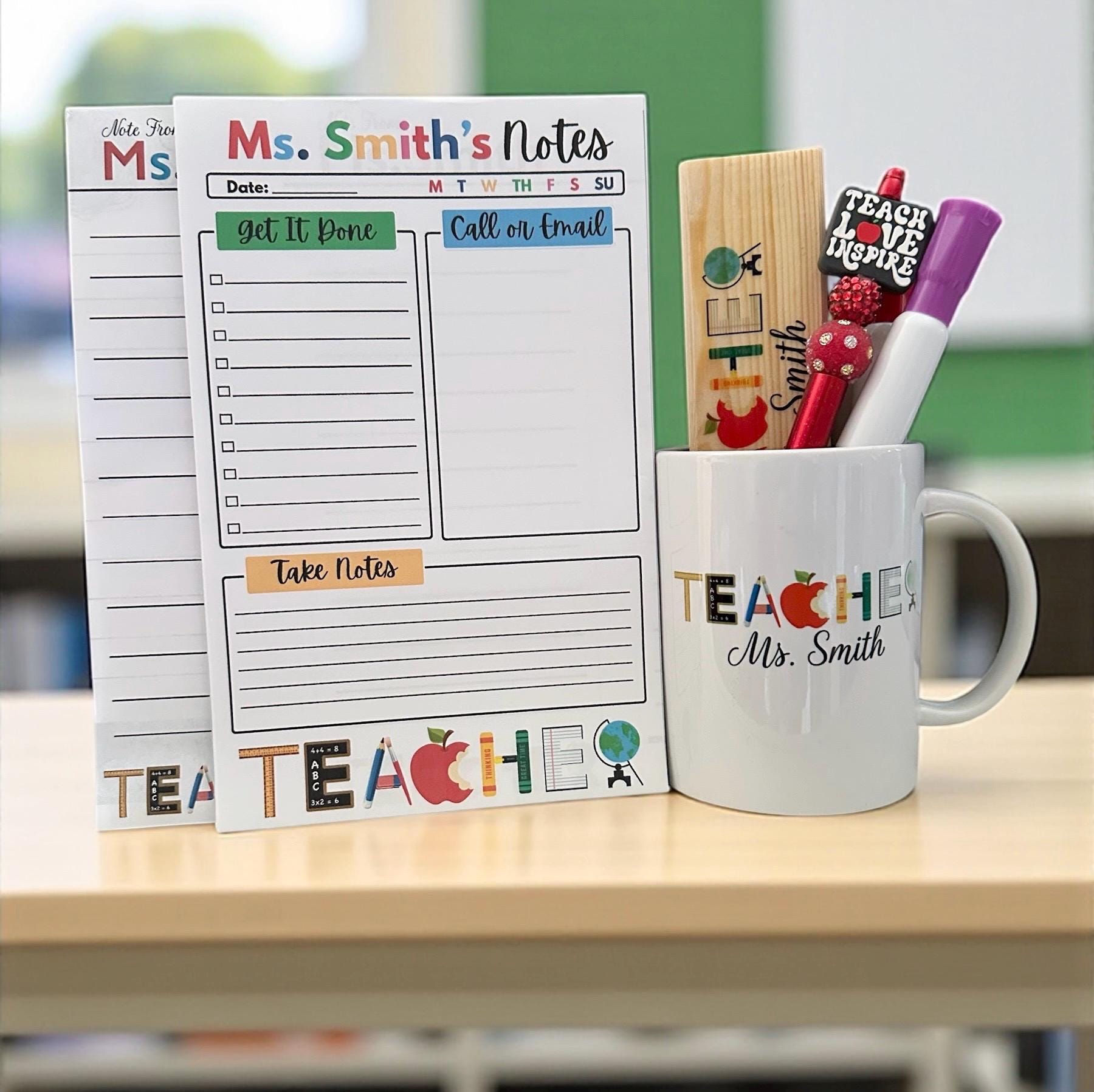 Personalized Teacher Notepad Gift Set  Desk Accessory Teacher Gift Classroom Decor Office Organization Desk Nameplate Custom